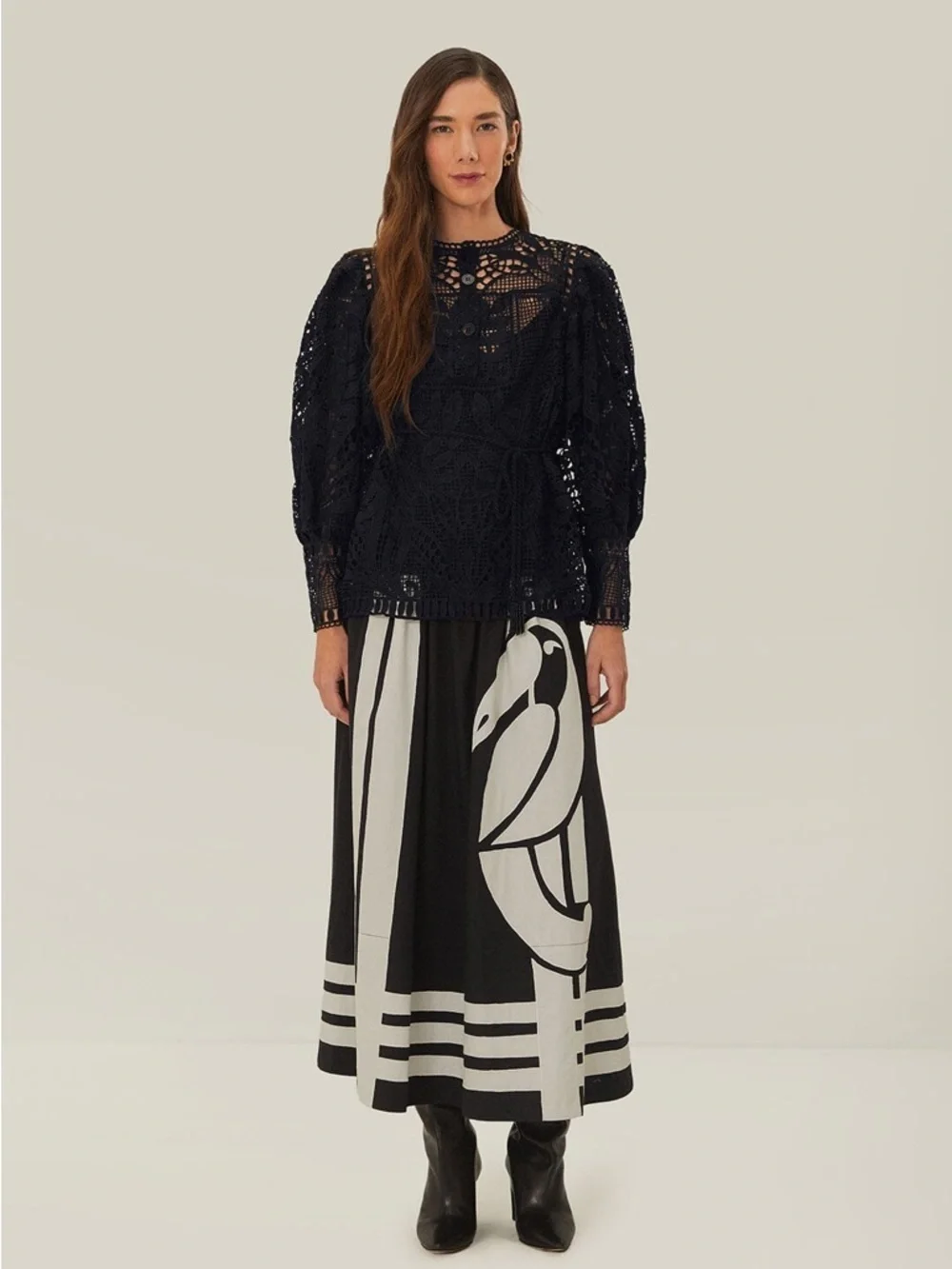 FARM RIO Guipire Puff Sleeve Black Blouse S